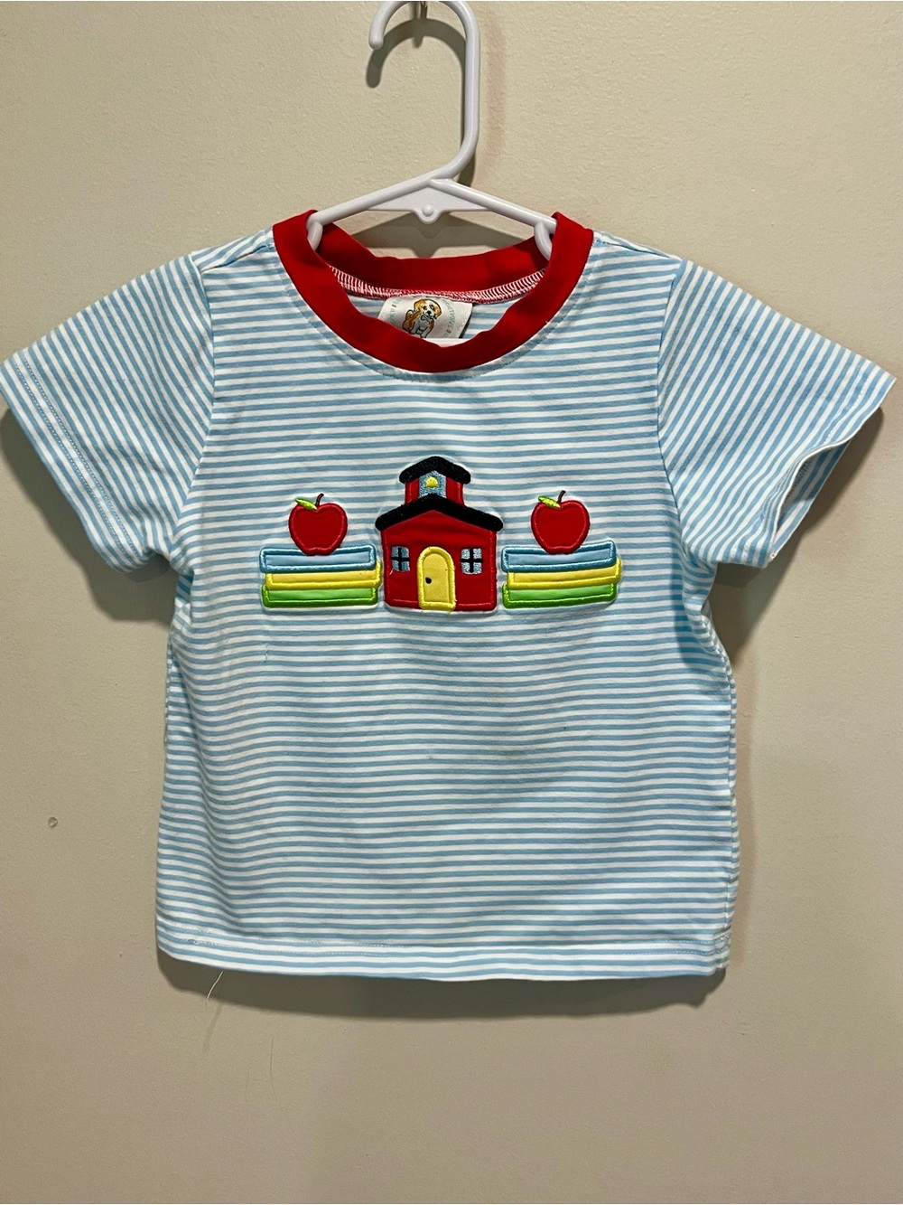 Kids Short Sleeve Striped Schoolhouse Tee - Light Blue & Red